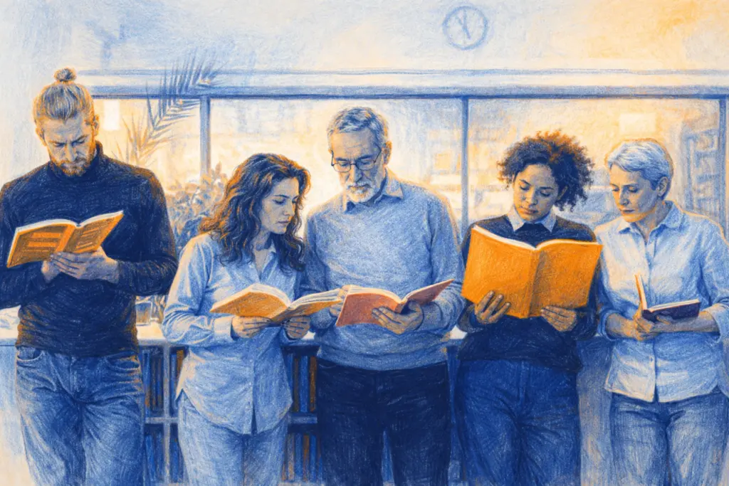 Un gruppo di persone consulta e confronta materiali di studio